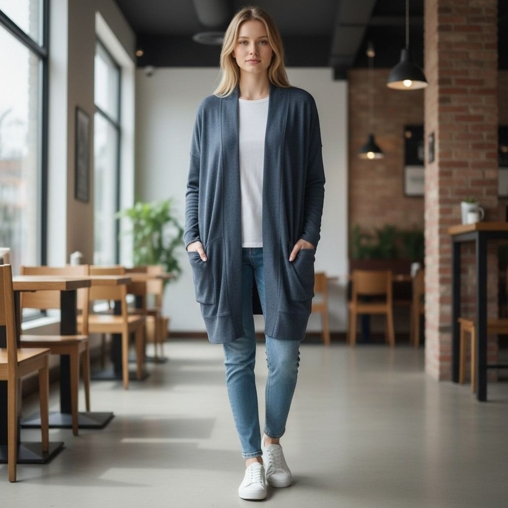 Pact Open Front Cardigan Women M/L Navy Blue Organic Cotton Oversized Pocket